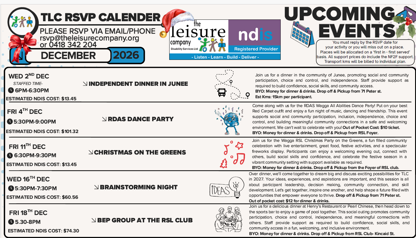 RSVP Calendar for TLC for December