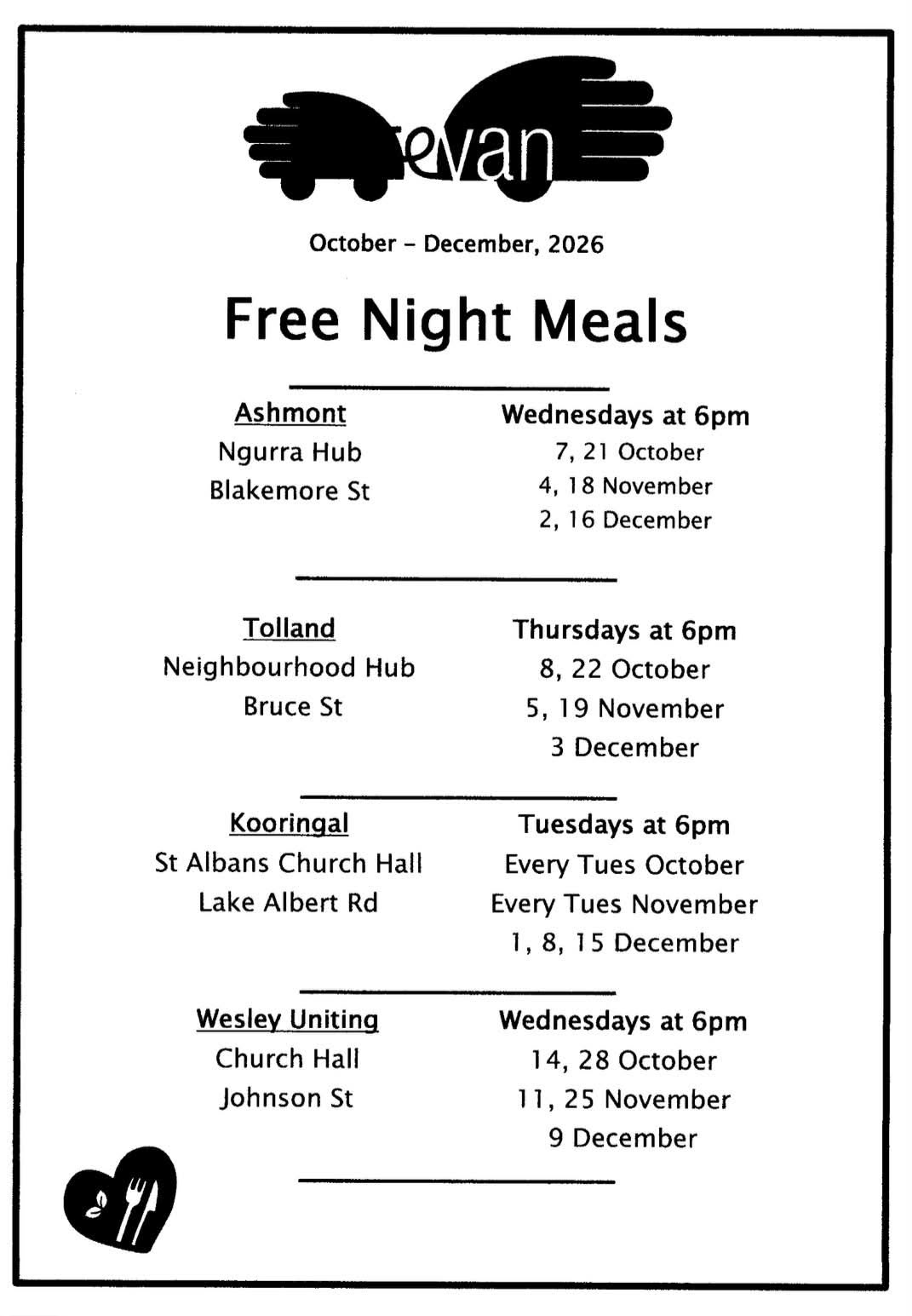 Carevan Free Night Meals - October to December 2026